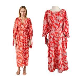 Rhode Resort Annie Optical Floral Maxi Dress Cotton Belted NEW Tie Cuffs SMALL